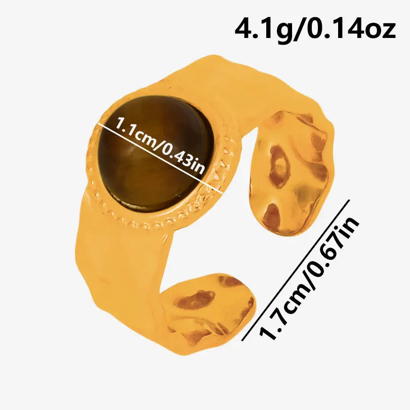 خاتم من حجر عين النمر الحقيقي على شكل قلب الشمس من الفولاذ المقاوم للصدأ، خواتم مفتوحة للنساء والرجال، إكسسوارات مجوهرات عتيقة مطلية بالذهب الحقيقي