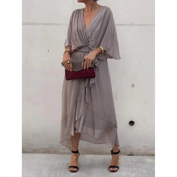 Elegant Chiffon Solid Party Dresses For Women Sexy V Neck Bat Sleeves Lace Up Ruffles Irregular Long Dress Casual Robe Femme