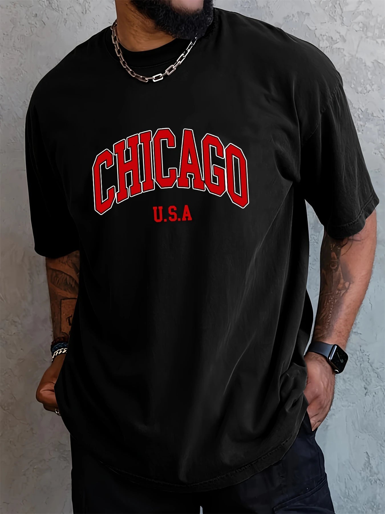 Men's summer 100 cotton fashionable casual loose plus size Chicago USA printed sports round neck short sleeved T-shirt top