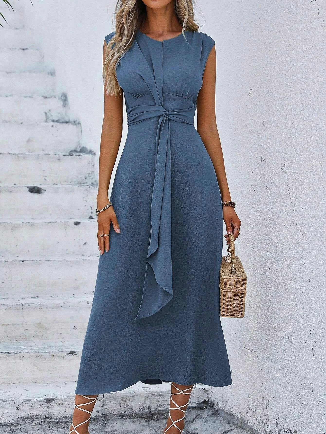 Women's Solid Color A-Line Dress Sleeveless Front Thin Straps Elegant Belted Midi Dress for Summer