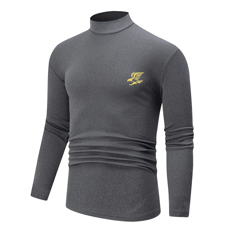 تي شيرت رجالي مكون من قطعتين/ثلاث قطع، مناسب للخريف/الشتاء، بلون واحد، دافئ، مناسب للمراهقين، مقاس كبير، قميص رياضي مريح، نصف رقبة عالية، قاعدة