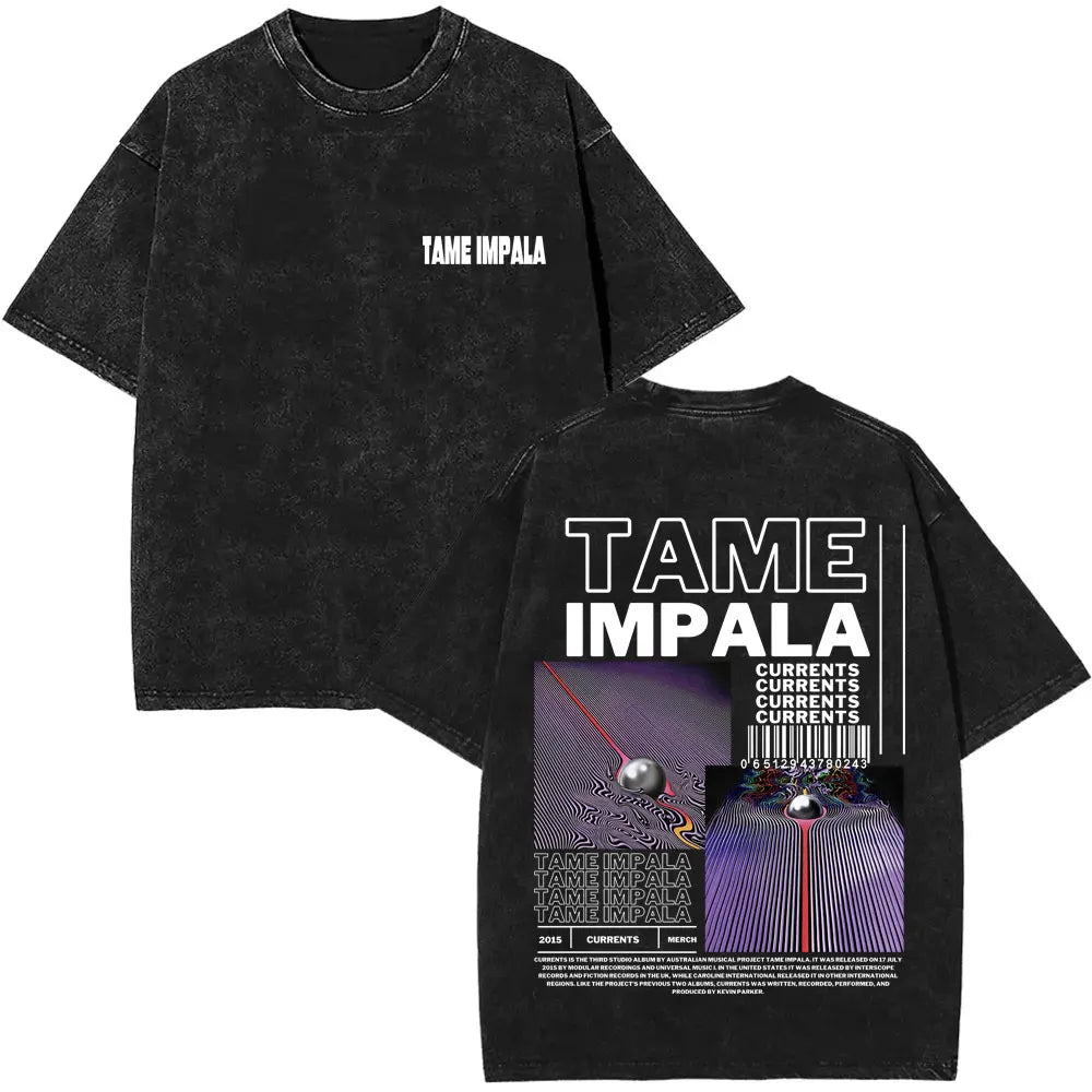تي شيرت رجالي كاجوال فضفاض بأكمام قصيرة من القطن مطبوع عليه عبارة VintageWashed Pop Rock Band Tames Impala Current Graphic Print