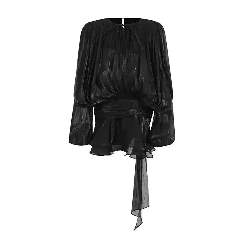 Elegant Solid Pleated Blouse Mini Dresses Women V Neck Lace Up Long Lantern Sleeve Dress 2025 Street Beach Vocation Short Robes