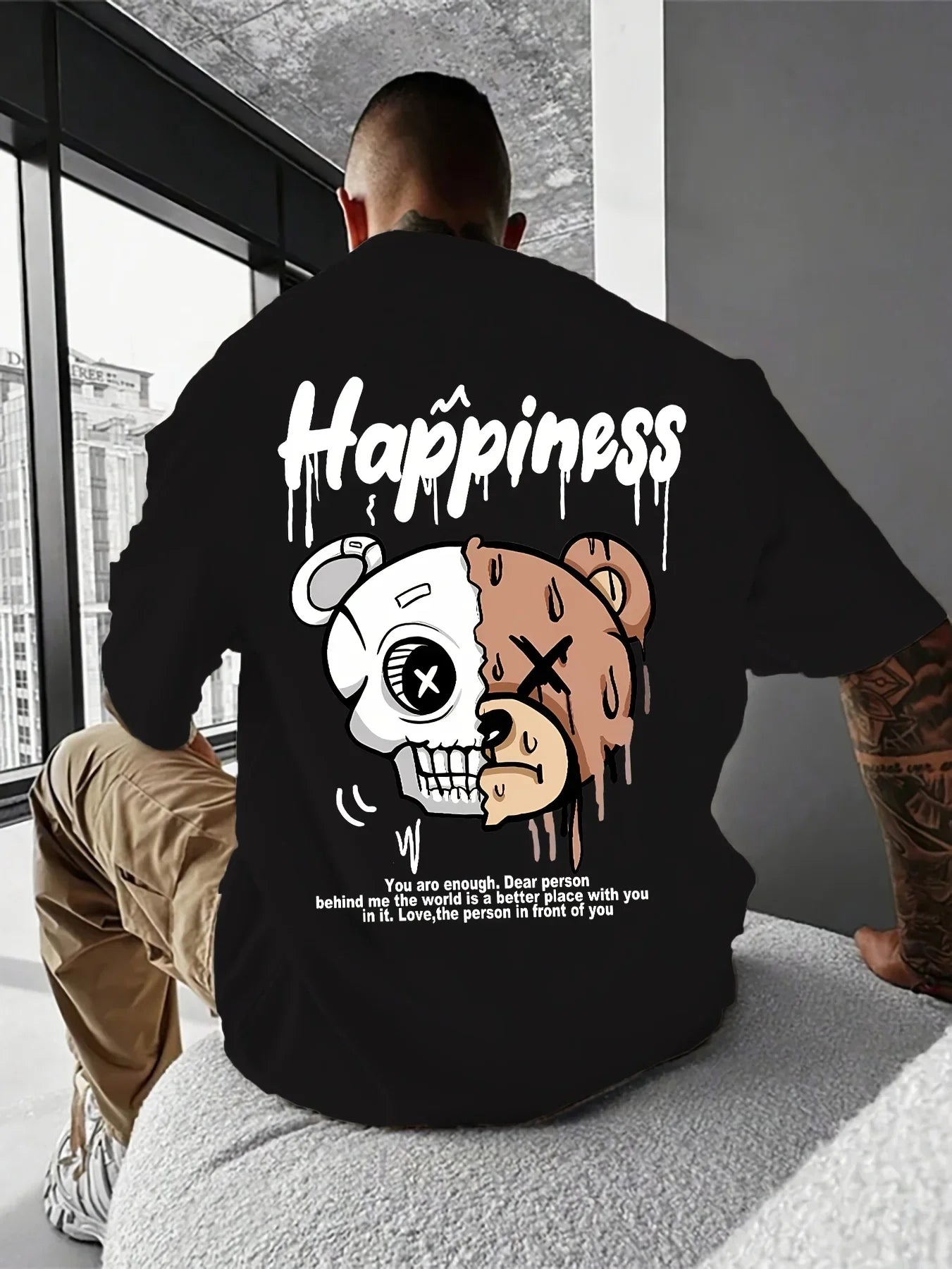 Men's summer 100% pure cotton fashionable casual sports loose cartoon bear pattern print round neck short sleeved T-shirt top