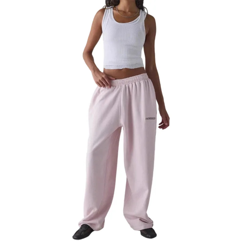 Pink Embroidered Comfortable Loose Elastic Waist Straight Leg Pants Women's Casual Trousers Elegant Style Digital Printing