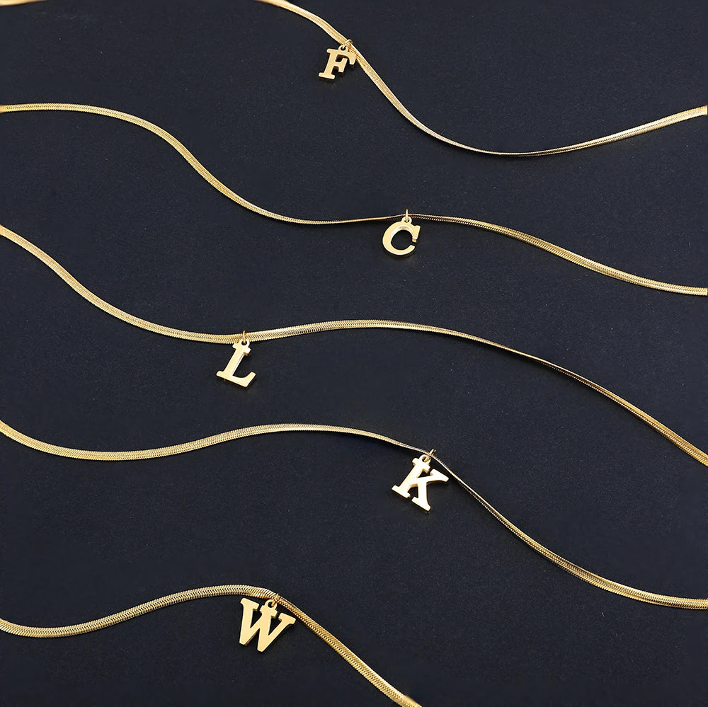 Stainless Steel Flat Snake Chains with A-Z Initial Pendant Necklace for Women Gold Color Alphabet Letter Necklace Collar Jewelry