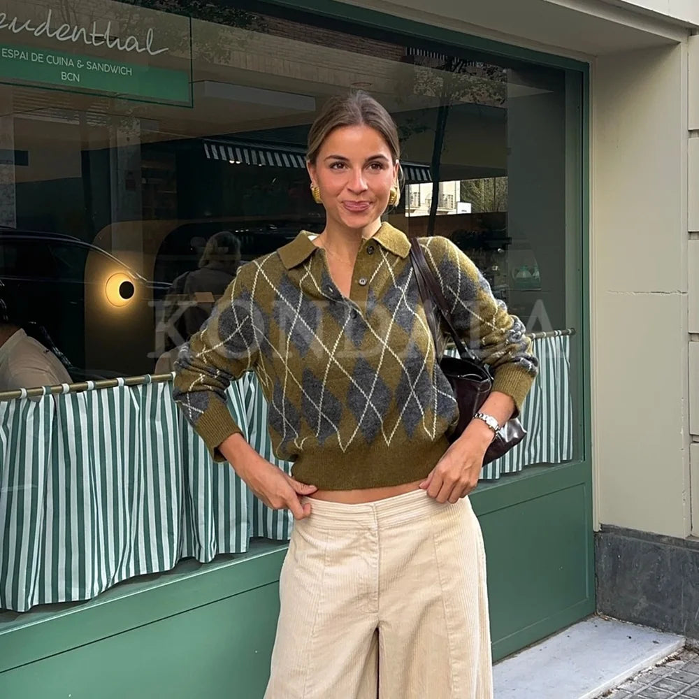 قمصان بولو نسائية محبوكة من KONDALA خريف وشتاء 2025، ملابس الشارع من Argyle، بلوفر عتيق أنيق، بياقة مطوية، قمصان بولو نسائية