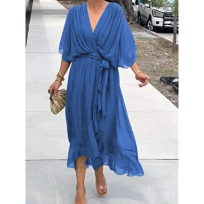 Elegant Chiffon Solid Party Dresses For Women Sexy V Neck Bat Sleeves Lace Up Ruffles Irregular Long Dress Casual Robe Femme