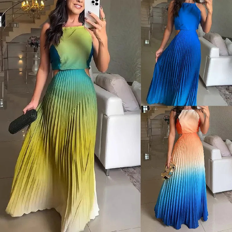 2025 Women Summer Party Dress Elegant Sleeveless Backless Halter Hollow Out Folds Long Dress Ceremoney Birthday Evening Dress