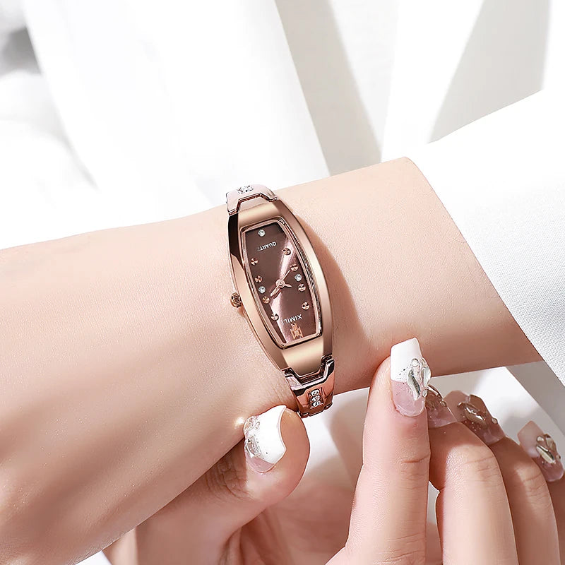 ساعات نسائية فاخرة، سوار ساعة من الفولاذ المقاوم للصدأ، ساعة كوارتز أصلية مرصعة بالألماس (بدون علبة)