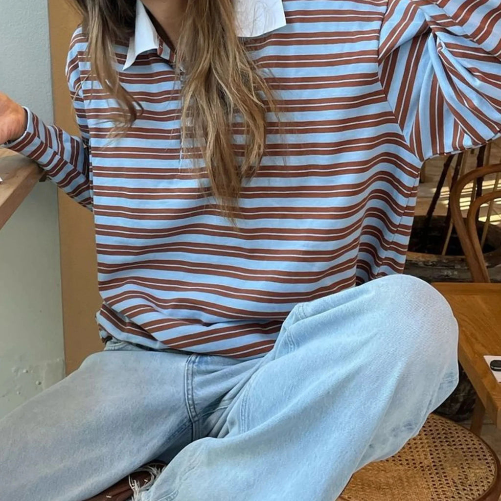 تيشيرت نسائي جديد بأكمام طويلة وياقة مطوية مخططة، مناسب لفصل الخريف، ملابس عصرية للاستخدام اليومي، متوفر الآن بمقاسات SML