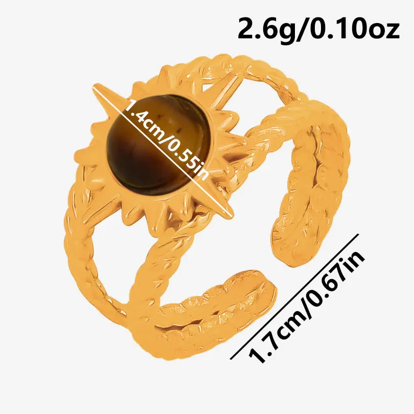 خاتم من حجر عين النمر الحقيقي على شكل قلب الشمس من الفولاذ المقاوم للصدأ، خواتم مفتوحة للنساء والرجال، إكسسوارات مجوهرات عتيقة مطلية بالذهب الحقيقي