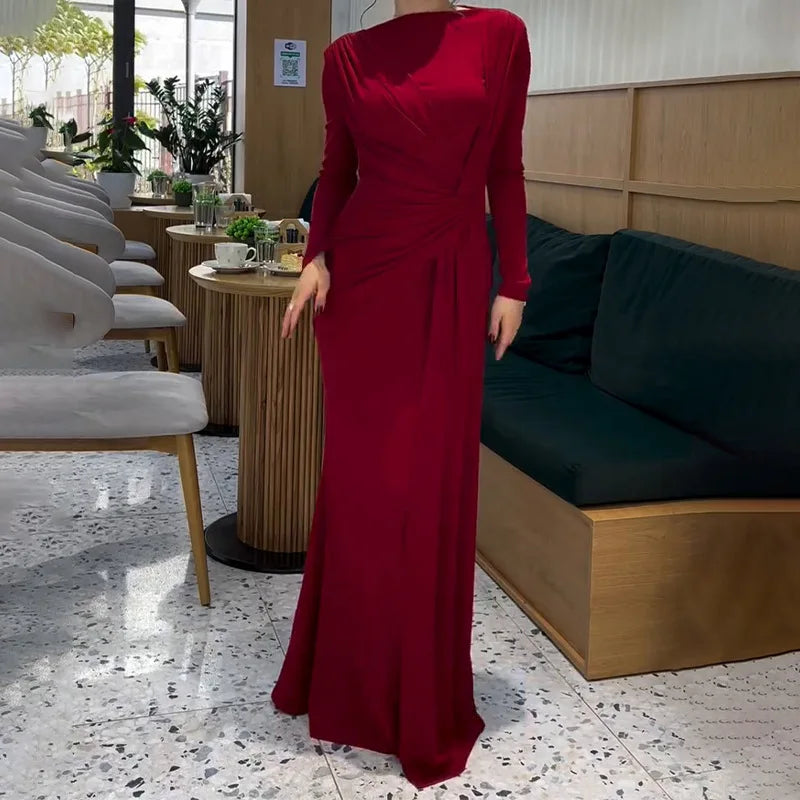 Elegant Long Sleeve Solid Color Dress for Women Autumn New European And American Fashion Solid Color Women's Dress