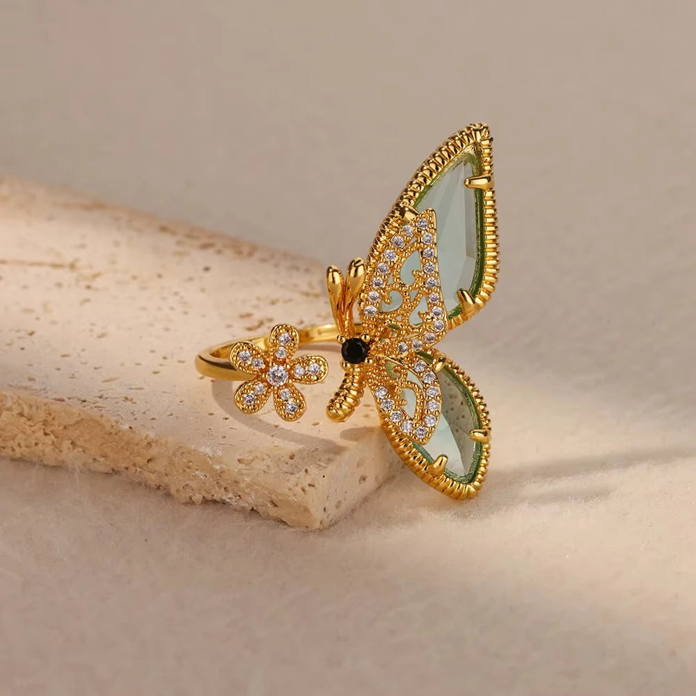 Luxury Blue Colorful Zircon Rings For Women Stainless Steel Gold Plated Flower Butterfly Ring Exquisite Party Shiny Jewelry 2025