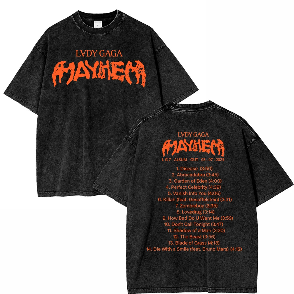 تي شيرت كلاسيكي مغسول من ليدي غاغا، جولة مايهم بول 2025، أزياء رجالية/نسائية، جودة عالية، غسيل حمضي، قطن 100%