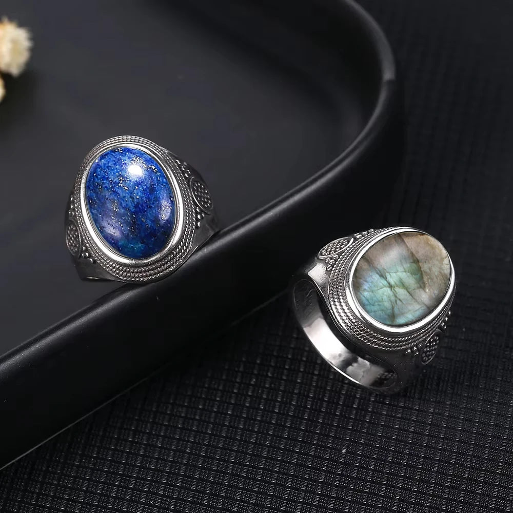 Vintage S925 Sterling Silver Natural labradorite Moonstone Ring 10x14MM Large Turquoise Lapis Retro Ring For Women Men
