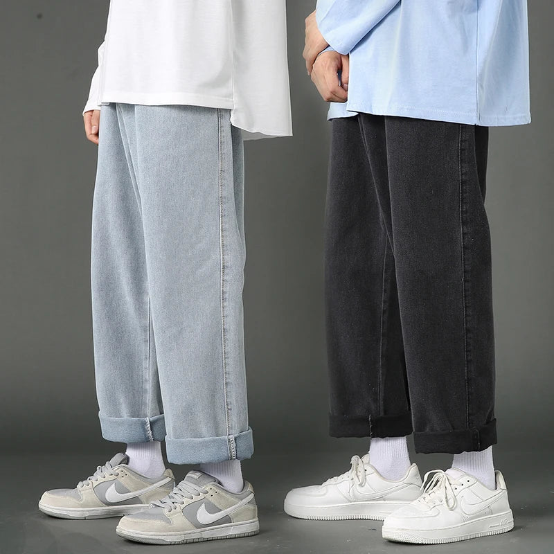 New Street Casual Baggy Jeans Men's Korean Fashion Hip Hop Straight Wide Leg  Trousers Couple Denim Pants Black Light Blue