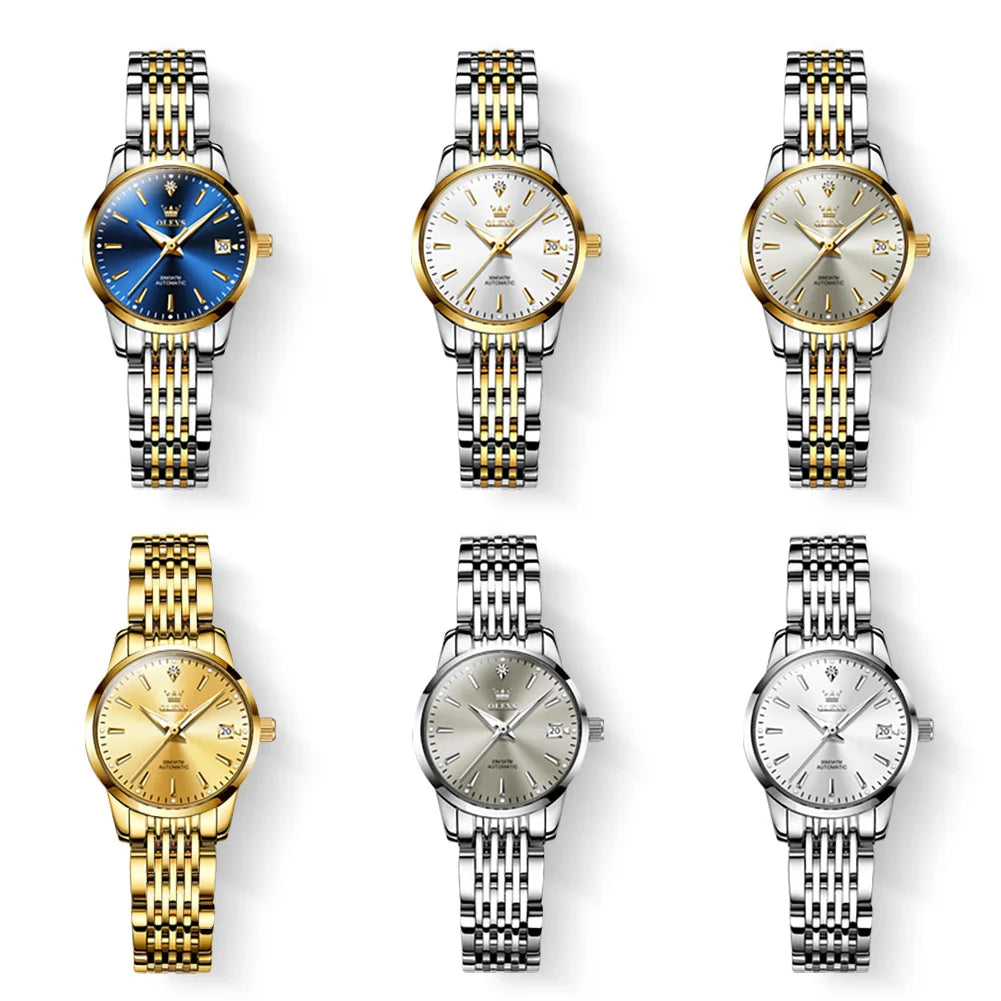 ساعة يد نسائية فاخرة من ماركة OLEVS 6635 ميكانيكية أوتوماتيكية مقاومة للماء من الفولاذ المقاوم للصدأ للنساء كرونوغراف وتاريخ