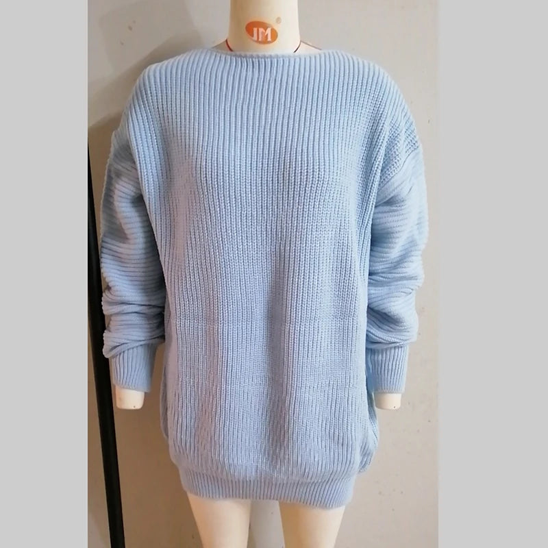 Fashion Off Shoulder Sweater Dress for Women Solid Color Balloon Sleeve Long Knitted Sweaters Woman Wild Warm Sweater Dresses