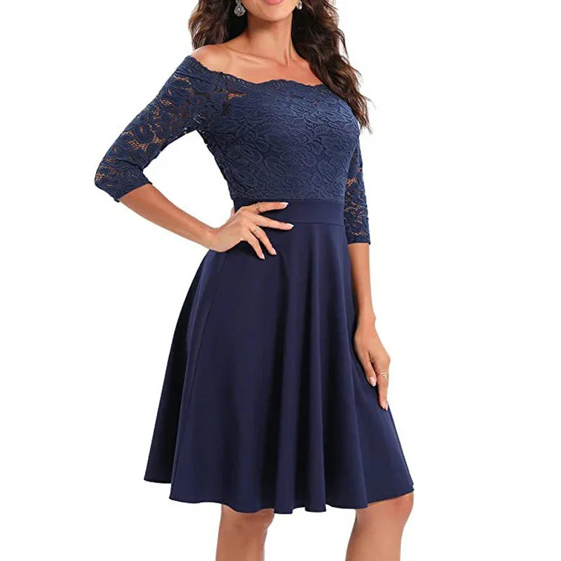 Women Elegant Wedding Bridesmaid Dinner Dress Sexy Lace Off Shoulder Party Dresses Solid Color Half Sleeve Evening Gown Vestido