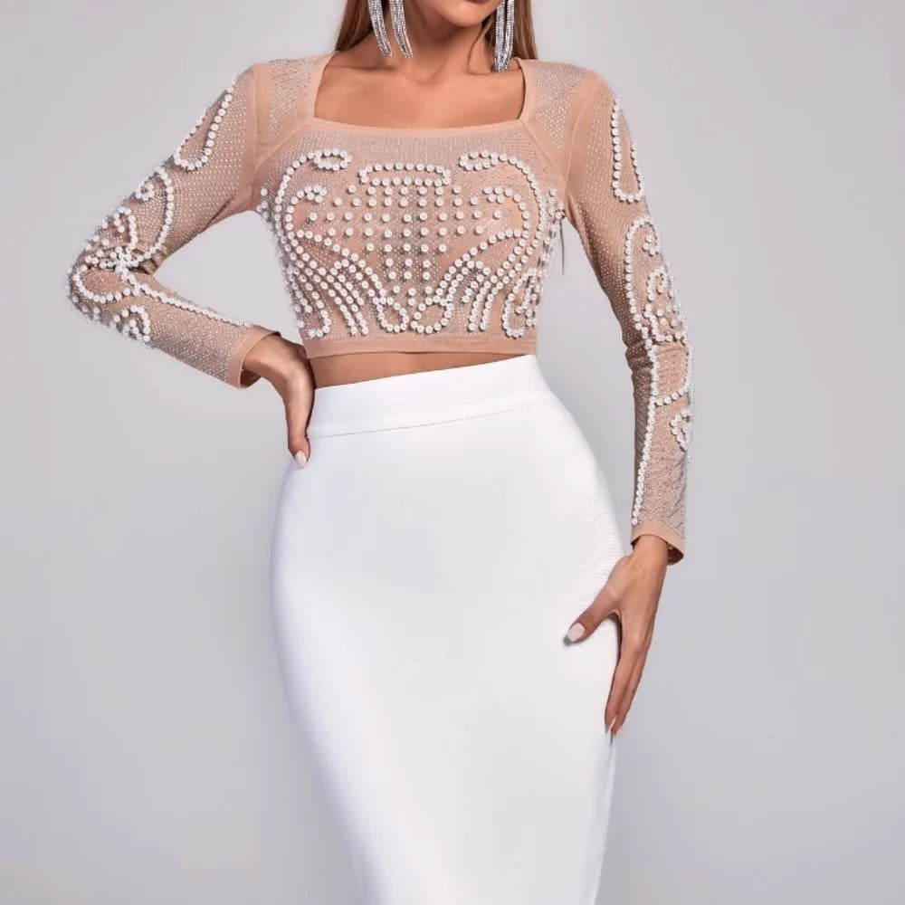 قميص نسائي أنيق بأكمام طويلة من حجر الراين، تي شيرت كوري أنيق، رقبة مربعة، مثير، أنيق