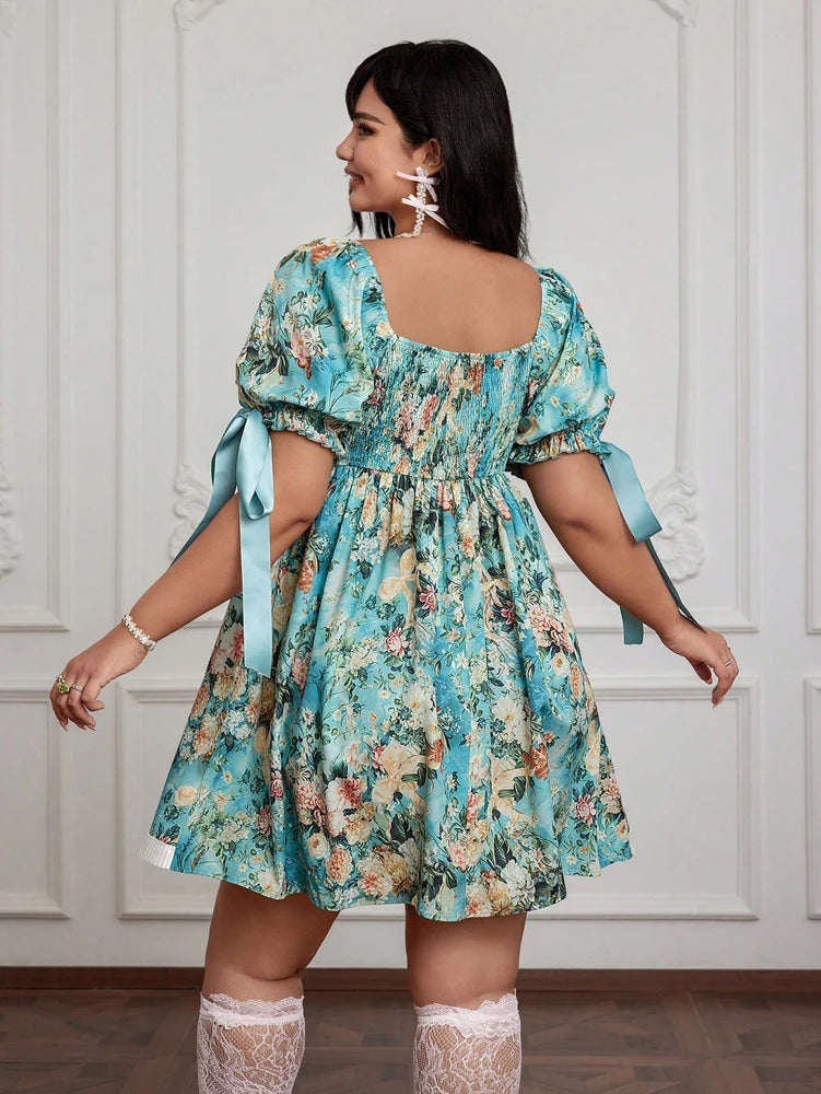 Plus Size Ladies Romantic Teenager Romantic Floral Pattern Short Sleeve Square Neck Dress Elegant Chinese Ladies