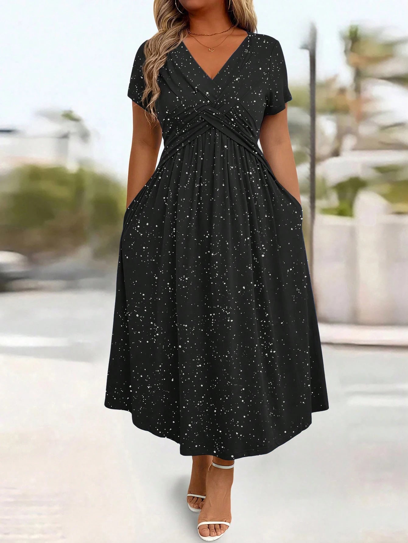 Ladies' elegant plus size powder sprinkled shiny twisted knot with pockets V-neck dress