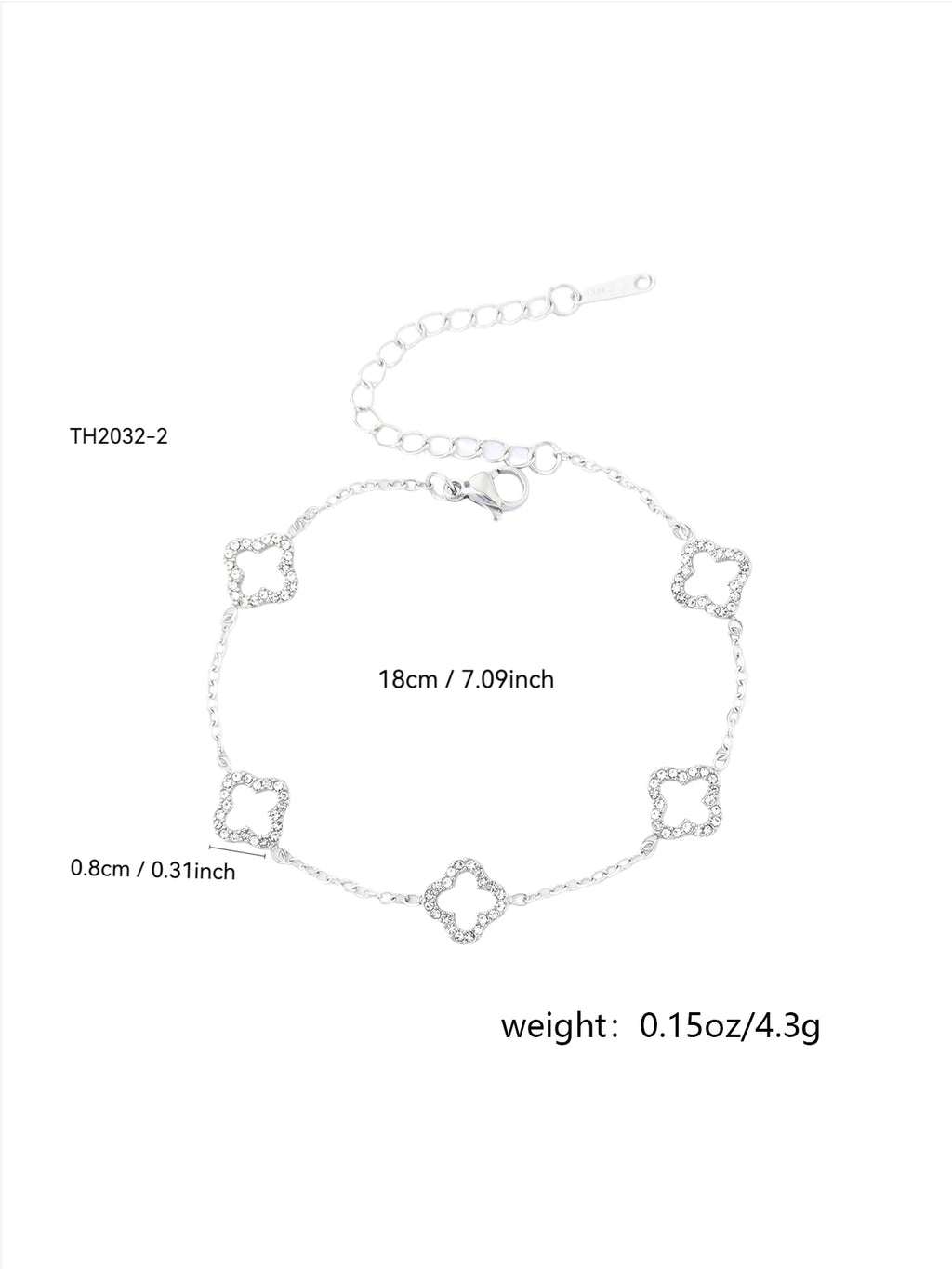 سوار أنيق من الفولاذ المقاوم للصدأ مع زهرة البرسيم الرباعية الماسية، خصر صغير، سوار مجوف من زهرة البرسيم الرباعية للنساء