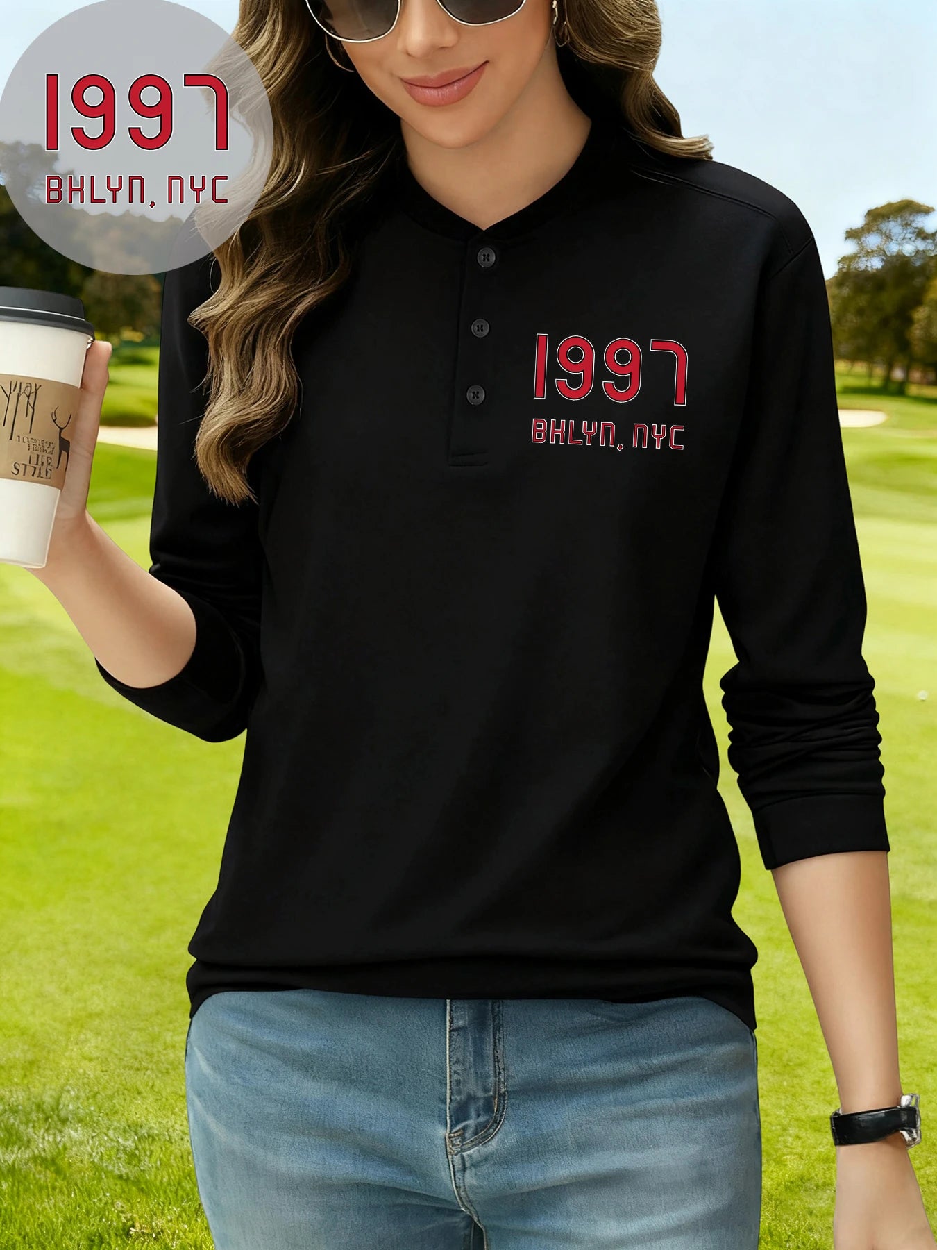 قميص نسائي أساسي رياضي خريفي بأكمام طويلة من Bhlyn New York City مطبوع عليه Henley من عام 1997، قمصان قطنية برقبة هنري، ملابس عمل