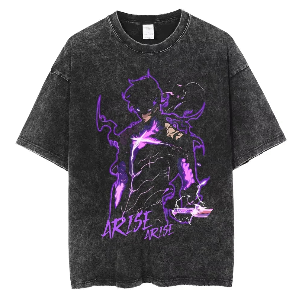 2025 Anime Solo Leveling Sung Jin Woo Printed Washed T-shirt Men Casual Cotton TShirts Manga Vintage T Shirt Harajuku Male Tops