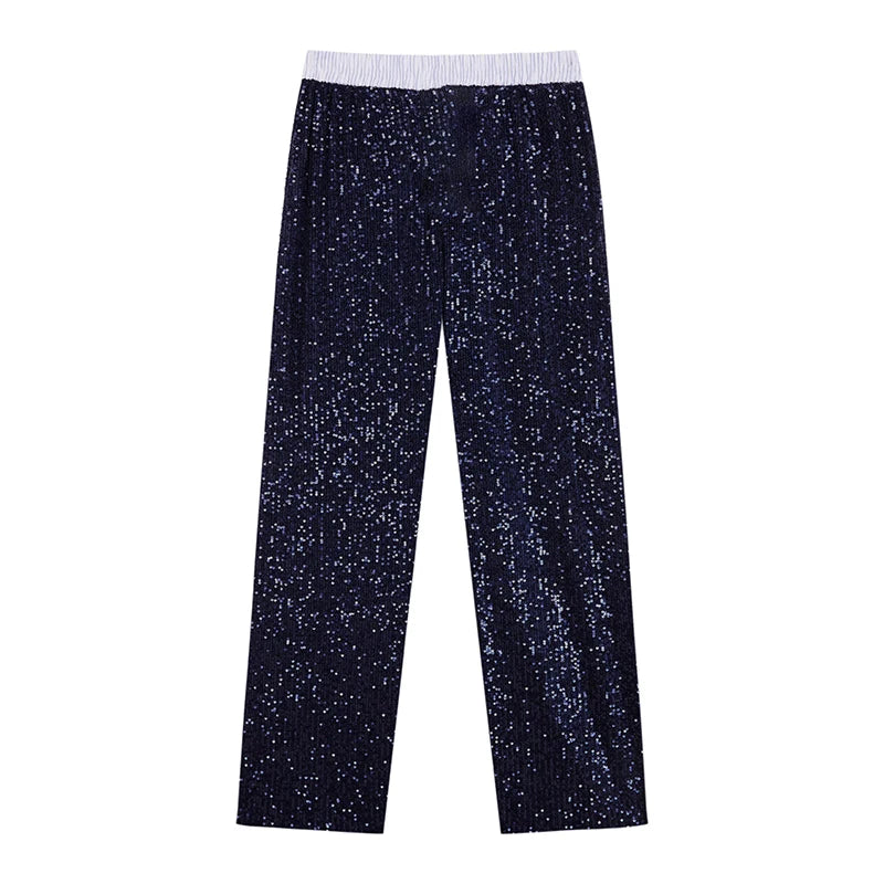 طقم مكون من قطعتين من السراويل الفضفاضة المرصعة بالترتر للنساء، قميص بأكمام طويلة وبنطلون أنيق للنساء، طقم مكون من قطعتين من السراويل الطويلة