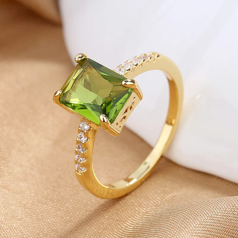 Princess Cut Olive Green Stone Square Rings For Women Antique Gold Color Geometric Zircon Wedding Bands Promise Engagement Ring