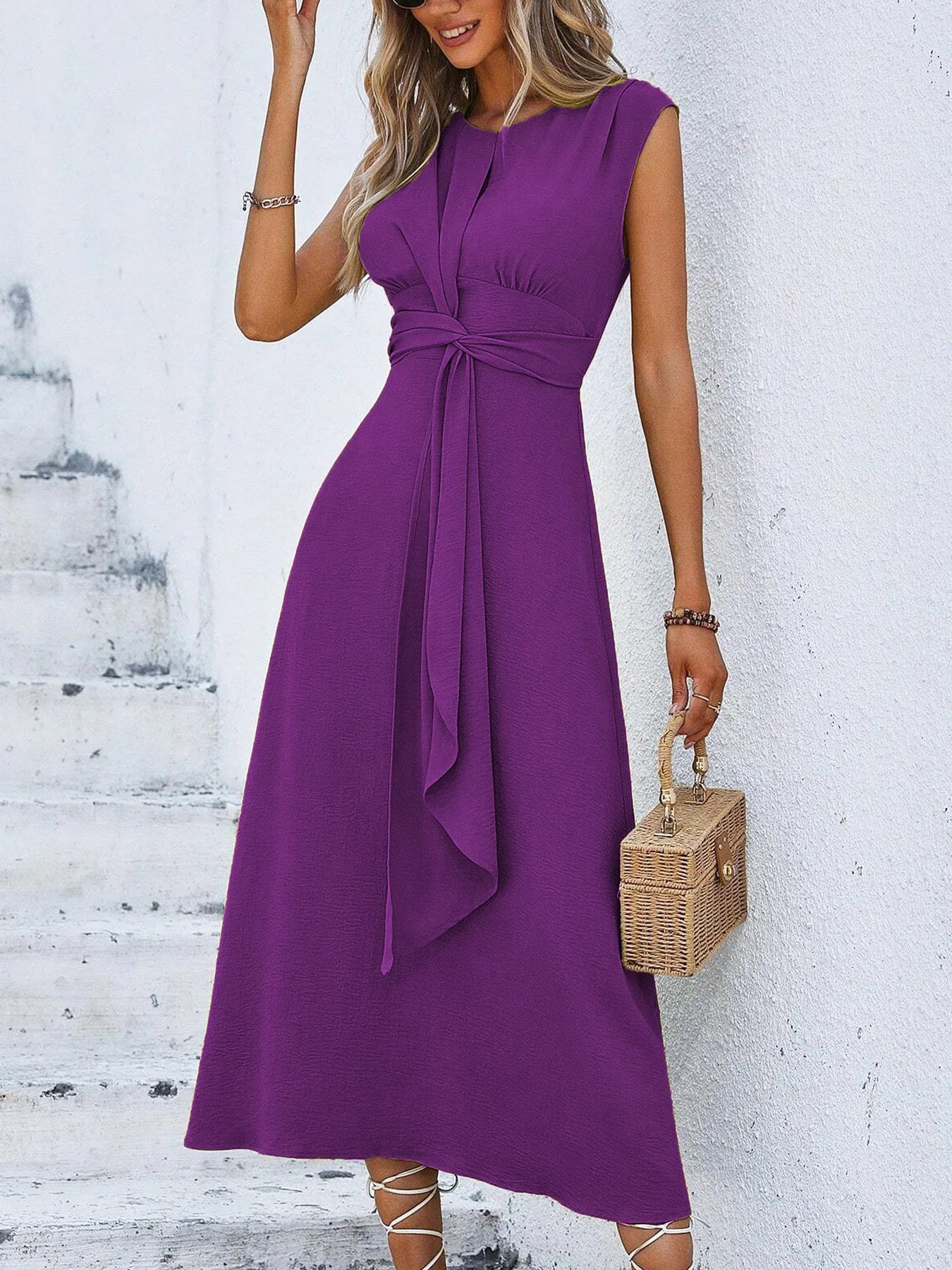 Women's Solid Color A-Line Dress Sleeveless Front Thin Straps Elegant Belted Midi Dress for Summer