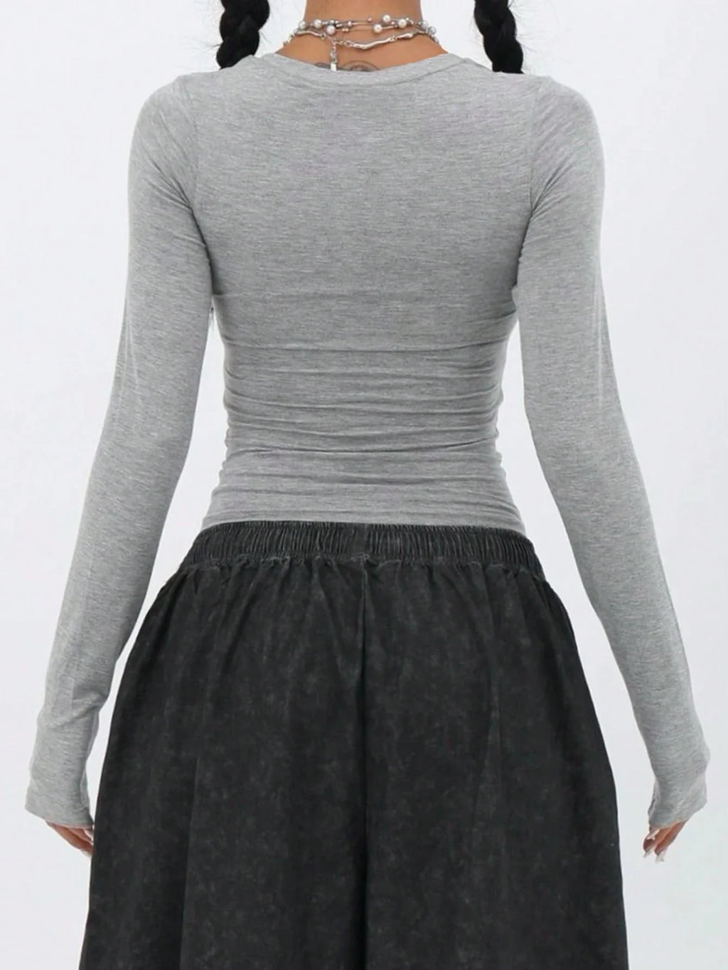 2025 Women Long Sleeves T Shirt Skinny V-neck Casual Elastic Fashion Sexy Tops Solid Color Streetwear Sports Gray Trendy Y2K