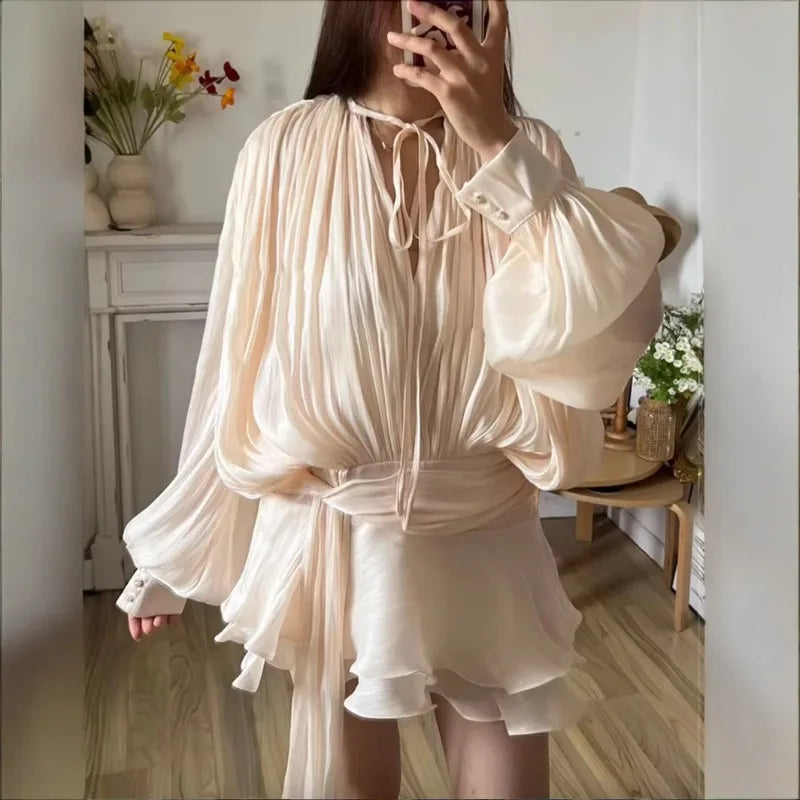 Elegant Solid Pleated Blouse Mini Dresses Women V Neck Lace Up Long Lantern Sleeve Dress 2025 Street Beach Vocation Short Robes