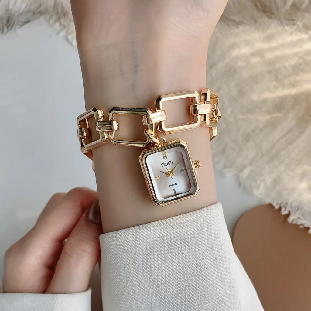 ساعة كوارتز نسائية بسوار، مينا مربع، تناظرية، ساعة يد أنيقة للنساء