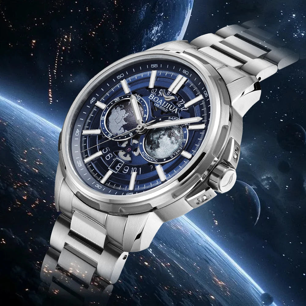 ساعة BOAIJIUA الميكانيكية الأوتوماتيكية ساعة Creative Starry Sky مقاومة للماء حتى عمق 50 مترًا 8217 ساعات ميكانيكية هدية عيد ميلاد للرجال