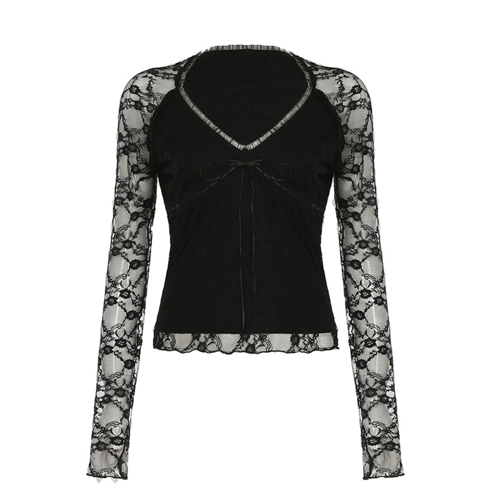 قمصان نسائية أنيقة من الدانتيل بأكمام طويلة ورقبة على شكل حرف V وربطة أمامية وقمصان ضيقة وملابس نادي الشارع