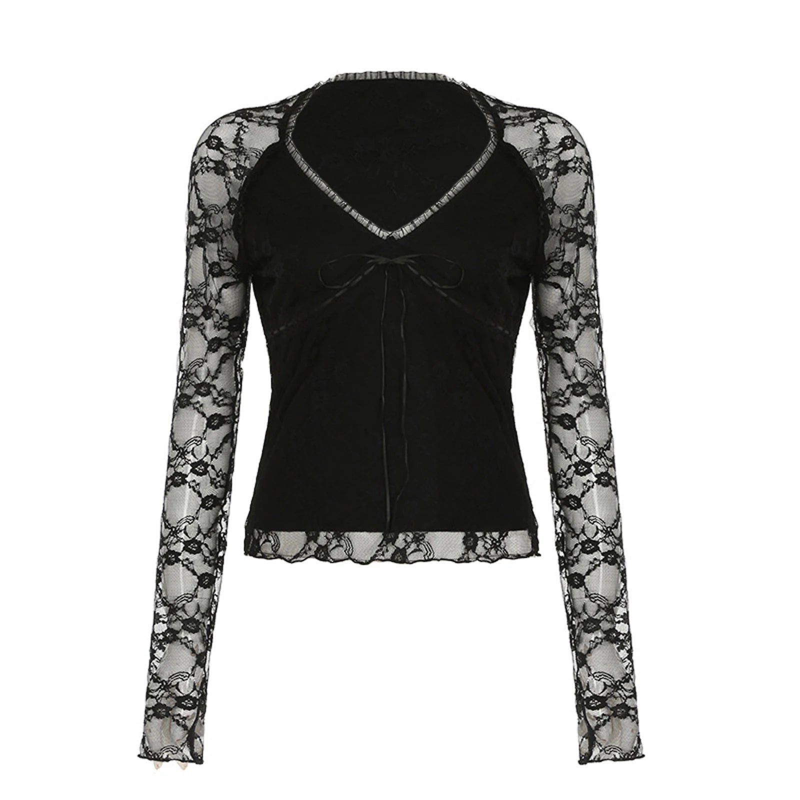 قمصان نسائية أنيقة من الدانتيل بأكمام طويلة ورقبة على شكل حرف V وربطة أمامية وقمصان ضيقة وملابس نادي الشارع