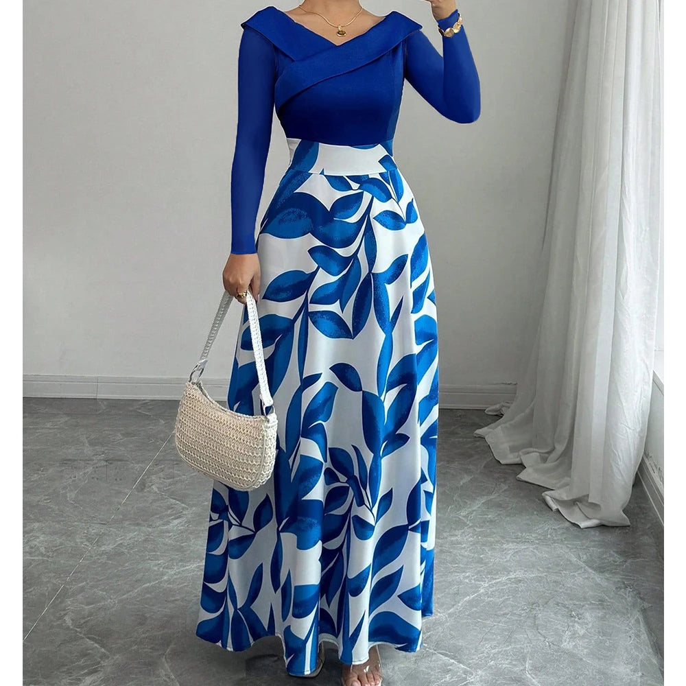 Women Flower Printed V Neck Long Sleeve High Waist Maxi Dress Fashion Color Block Evening Events Garden Party Elegant Dresses