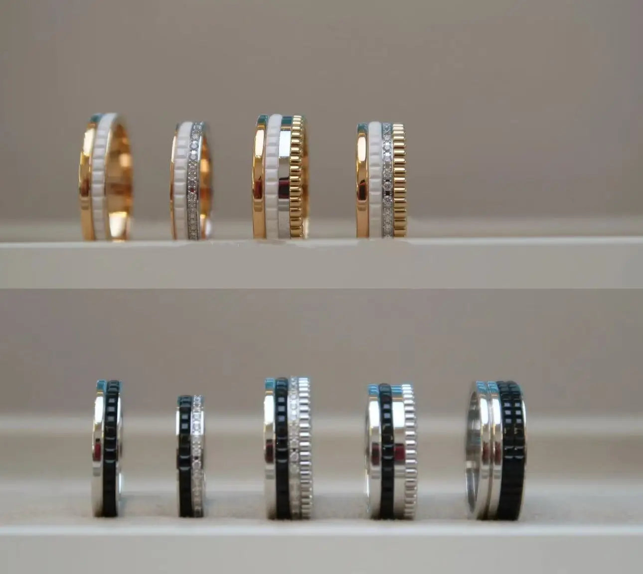 خواتم دوارة فاخرة على الطراز الفرنسي للرجال والنساء قابلة للدوران مصنوعة من مادة الموزانيت عالية الجودة باللونين الأسود والأبيض هدية للمهرجانات