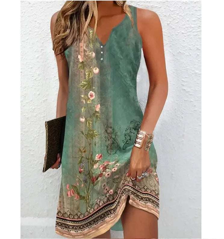 Women's Dresses Summer Fashion Stitching V Neck Loose  Bohemian Vacation Woman Basic sleeveless Vestidos