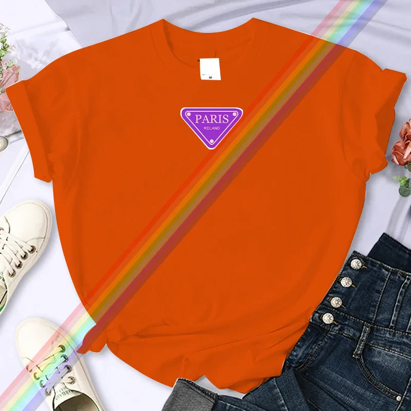تي شيرت نسائي صيفي عالي الجودة مطبوع عليه باريس من ماركة فاخرة، مصنوع من القطن بنسبة 100%، مقاس كبير، بأكمام شخصية Y2K، ورقبة دائرية
