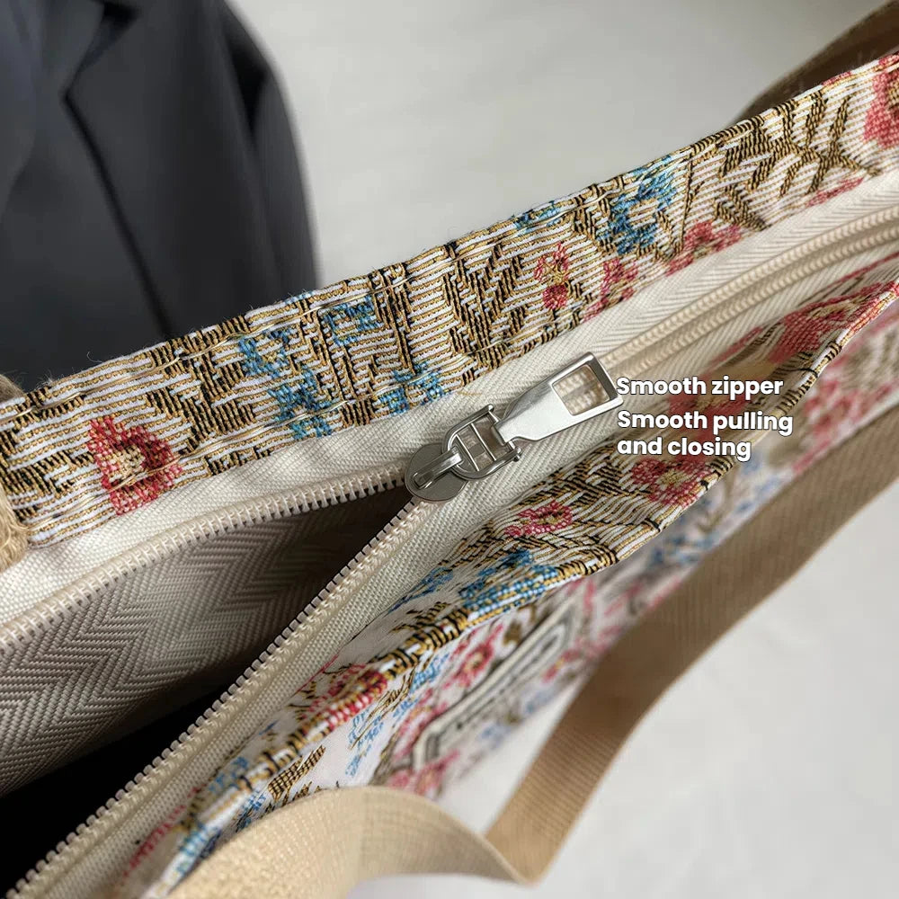 حقيبة يد كبيرة الحجم تُحمل على الكتف للنساء، مصنوعة من قماش الكانفاس، حقيبة أنيقة وعملية مزينة بنقوش زهور.