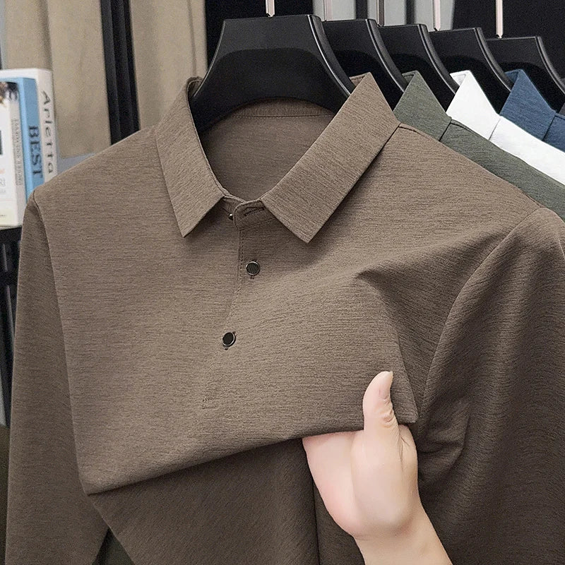 تي شيرت رجالي بأكمام طويلة مناسب للربيع والخريف، بتصميم رقيق، مناسب للأب في منتصف العمر، مع بلوزة بياقة وقميص بولو أساسي