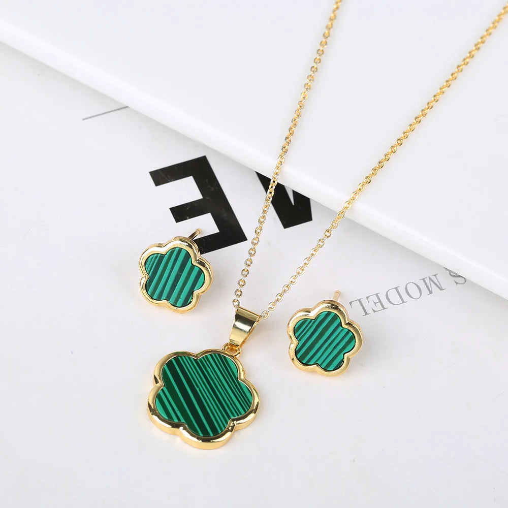 7-Color New Natural Stone Plum Blossom Plant Five Leaf Flower Pendant Necklace Earring Set Luxury Women's Simple Gift Clover