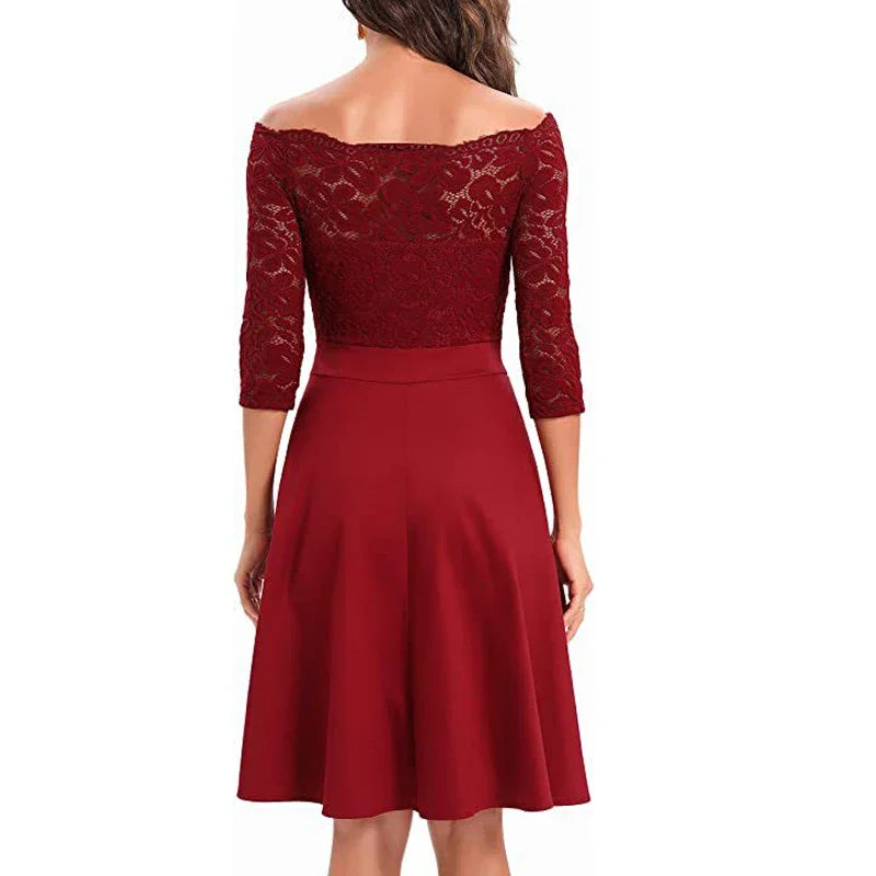 Women Elegant Wedding Bridesmaid Dinner Dress Sexy Lace Off Shoulder Party Dresses Solid Color Half Sleeve Evening Gown Vestido