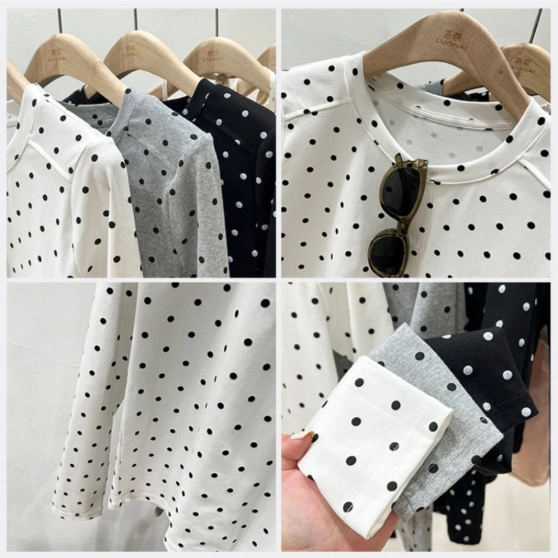 تي شيرت AOSSVIAO 2025 الكوري الجميل المنقط بالبولكا للنساء، تي شيرتات كاجوال بأكمام طويلة ورقبة دائرية، تي شيرتات جديدة ضيقة ومثيرة في أوائل الخريف