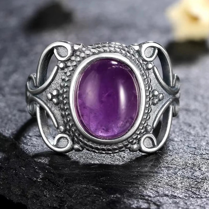 خواتم عتيقة من الفضة الإسترليني عيار 925 مرصعة بحجر الجمشت الطبيعي، بتصميم زهرة، مجوهرات فضية فاخرة بتصميم كلاسيكي، هدايا مثالية للحفلات للنساء والرجال