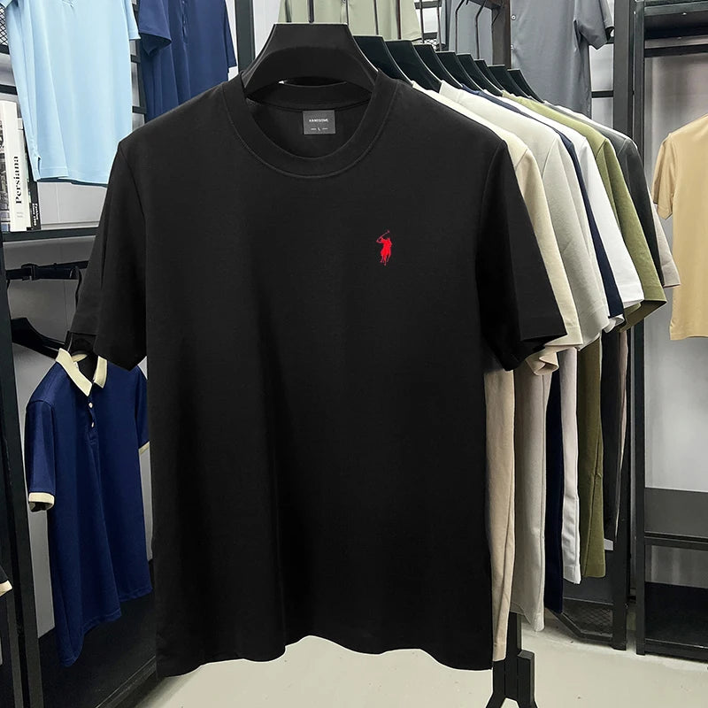 تي شيرت رجالي من علامة تجارية راقية مطرز برقبة دائرية وأكمام قصيرة وعصري غير رسمي مصنوع من القطن القابل للتنفس ويمتص العرق